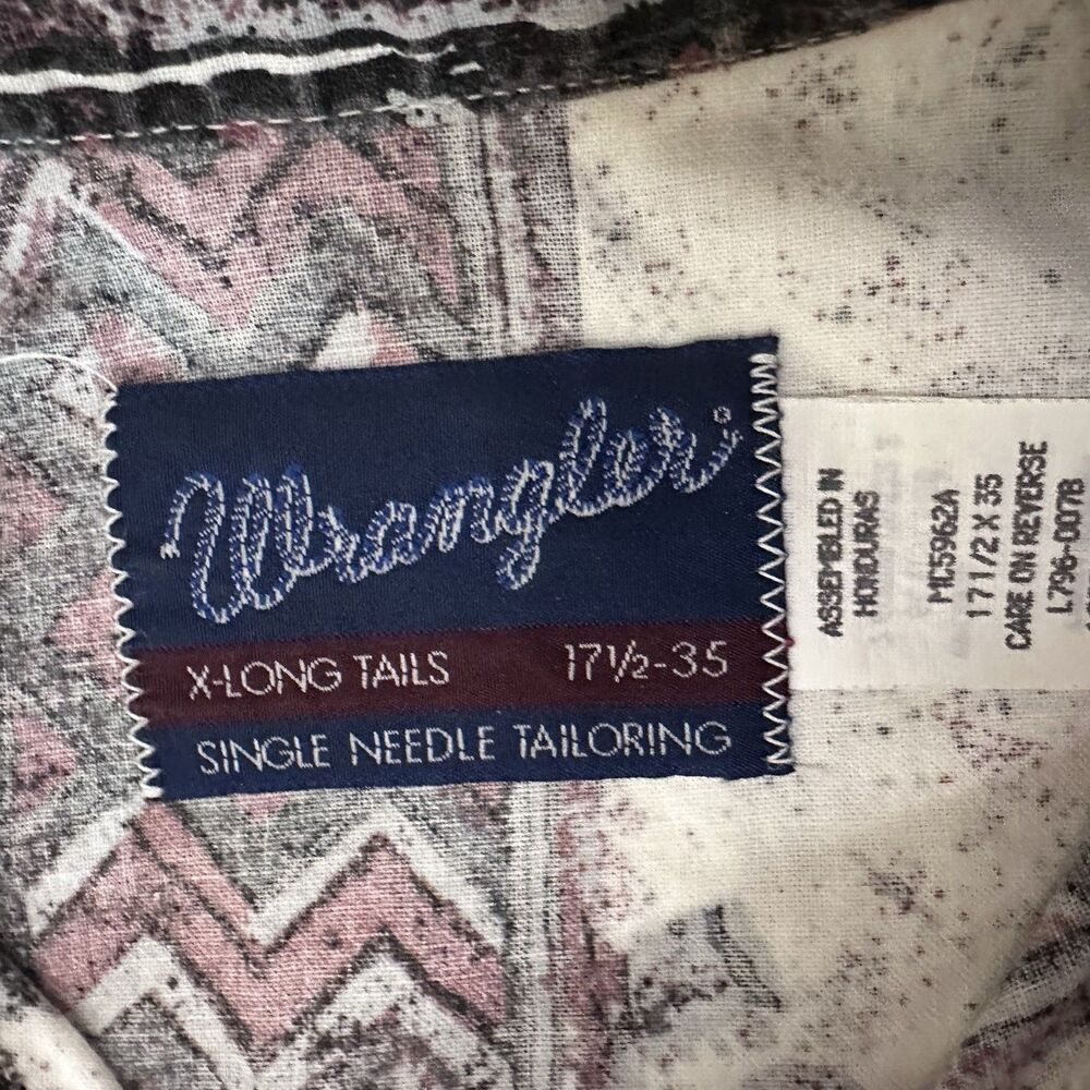 Vtg Wrangler Western Shirt Aztec X-Long Tails Long Sleeve Band Collar 17-1/2x35 - Picture 10 of 10